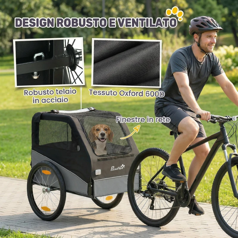 PawHut Rimorchio Bici per Cani Taglia Media Pieghevole in Metallo e 600D Oxford Copertura Sfoderabile, Grigio