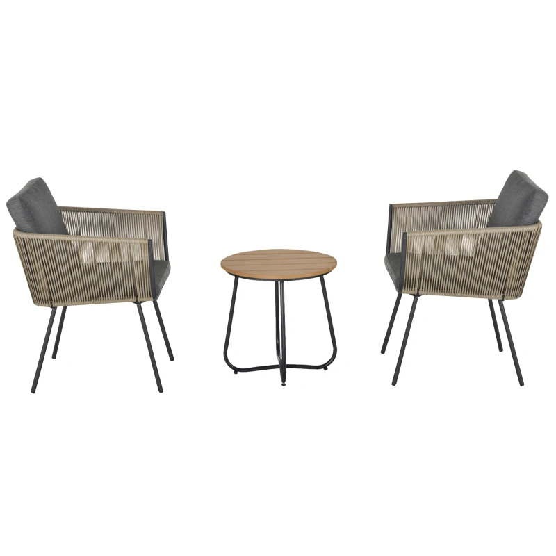 Outsunny Conjunto de Muebles de Jardín Juego de 3 Piezas Muebles de Ratán 1 Mesa Redonda y 2 Sillas Butaca con Cojines Acolchados para Balcón Terraza Acero Caqui y Gris
