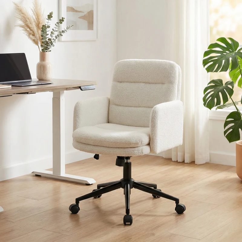 HOMCOM Fahrbarer Bürostuhl mit Stoffbezug, Armlehne, 5 Räder, drehbar, Cremeweiß