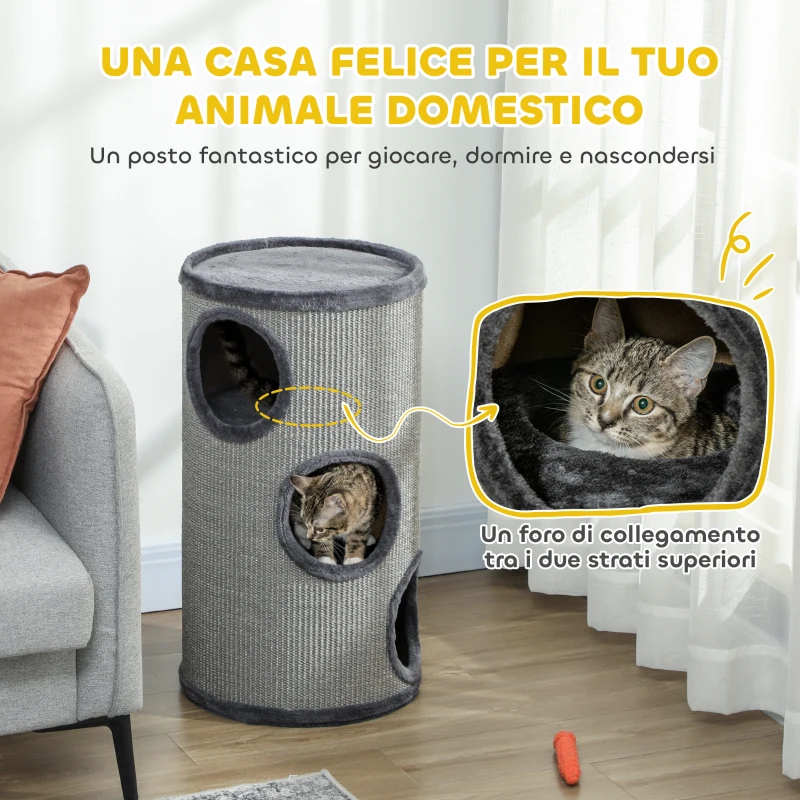 PawHut Cuccia per Gatti a 3 Livelli con Tiragraffi in Sisal e Peluche, Ø38x70cm, Grigio