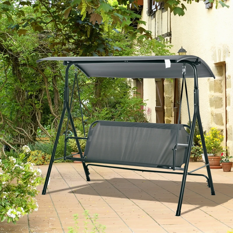 Outsunny Dondolo 3 Posti con Tettuccio Inclinabile e Cuscini, in Acciaio e Poliestere, 172x110x153 cm, Grigio
