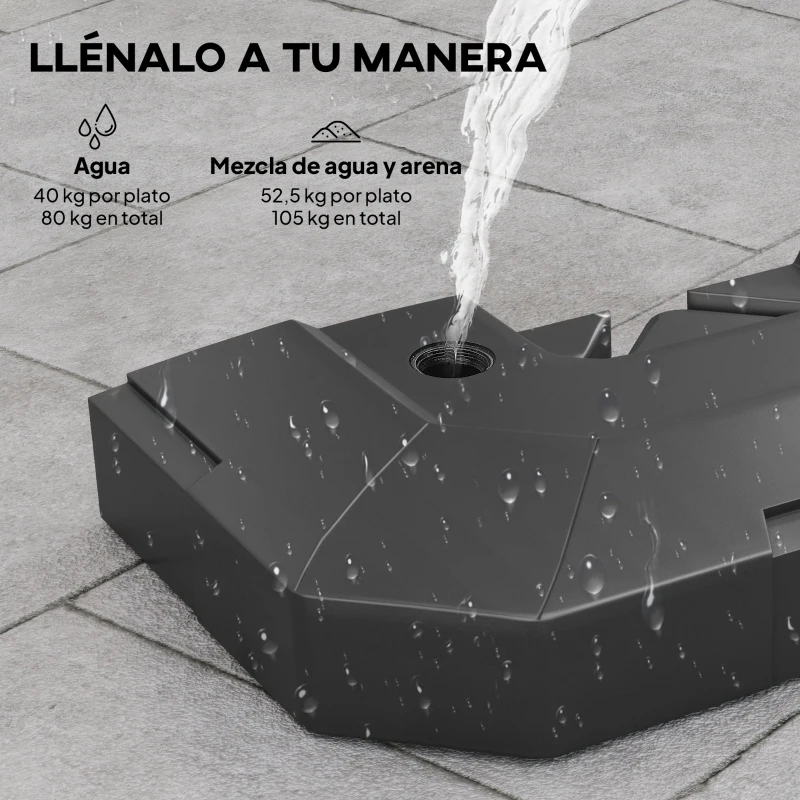 Outsunny Juego de 2 Pesas para Sombrilla, Bases para Sombrilla Rellenables 80 kg con Agua 80 kg o Mezcla de Agua y Arena 105 kg