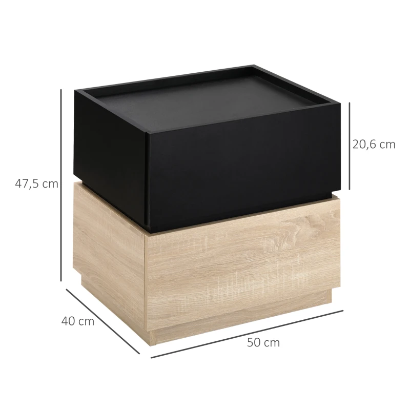 HOMCOM Mesa de Cabeceira com Gaveta Armário de Cabeceira Empilhável Cômoda de Gavetas Quarto Mesa de Cabeceira Painel de Partículas Preto+Natural 50 x 40 x 47,5 cm