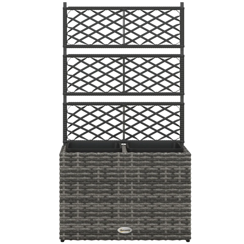Outsunny Fioriera con Grigliato per Rampicanti con 2 Vasi in Acciaio e Rattan PE, 57x30x107cm, Grigio