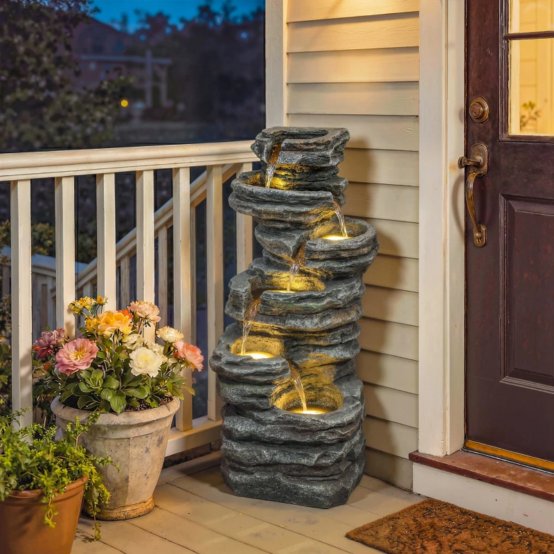 Outsunny Outdoor Fountain, 6-Tier Cascading Waterfall Feature with LED Lights, Resin Freestanding Garden Fountain, Grey