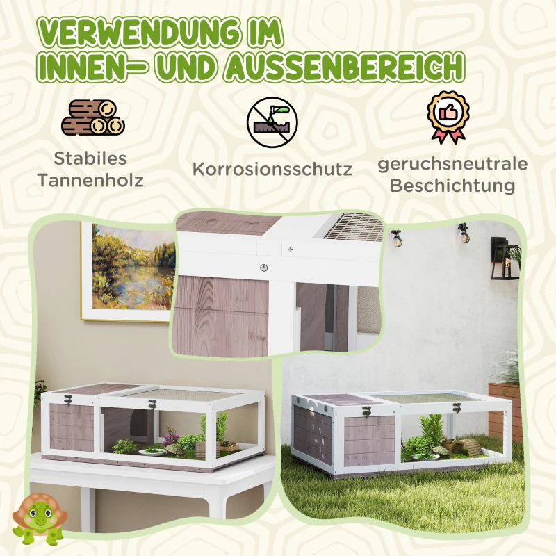 PawHut Schildkrötenhaus aus Holz Schildkrötengehege mit Haupthäusern aufklappbarem Oberseite 91x60,5x32 cm, Braun