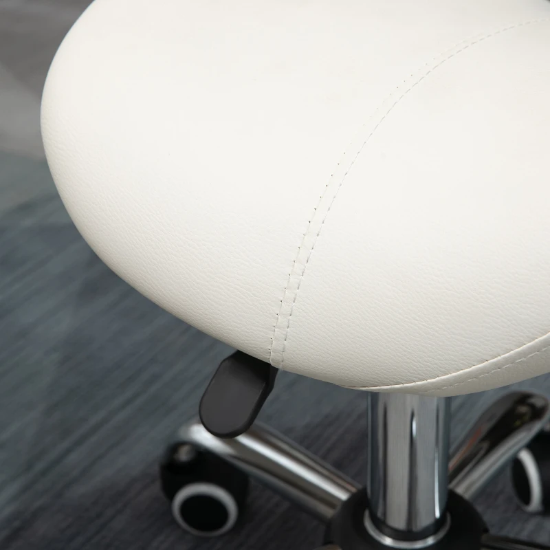 HOMCOM Height Adjustable Saddle Stool with Swivel Wheels, Faux Leather Salon Chair for Hairdressing, Beauty, Tattoo, White