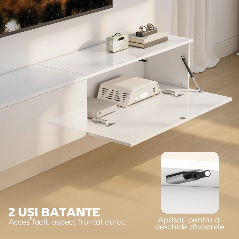 HOMCOM Dulap TV suspendat până la 75" cu uși cu deschidere prin apăsare, 180x33x30 cm, alb lucios