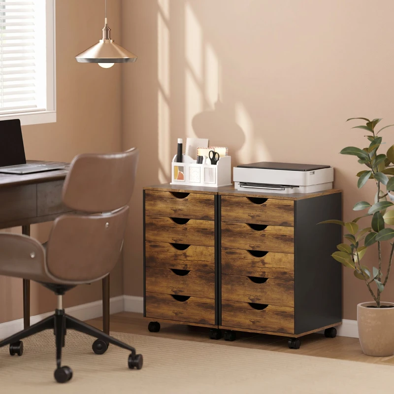HOMCOM Caisson bureau mobile, meuble rangement sur roulettes avec 5 tiroirs, bois, 40 x 40 x 67 cm, marron