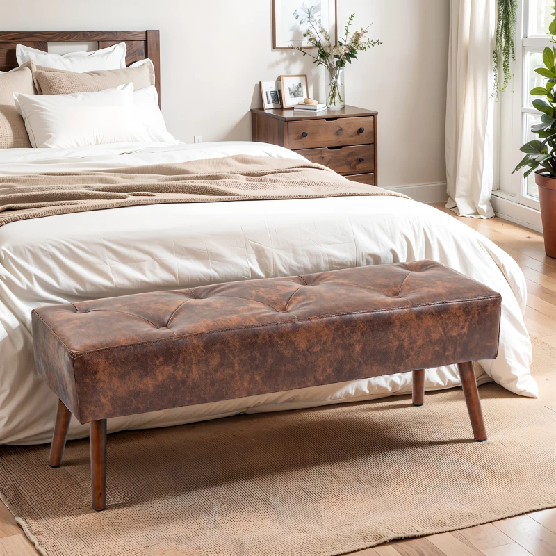 HOMCOM Banc bout de lit banquette capitonnée style vintage 114 x 38 x 42 cm piètement bois revêtement marron effet vieilli