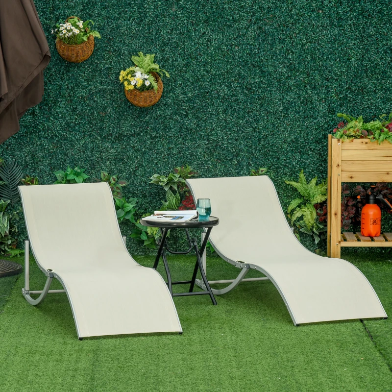Outsunny 2 Tumbonas Plegables en Forma de S Ergonómica con Marco de Aluminio Texteline para Piscina Patio Jardín Terraza 165x61x63 cm Crema