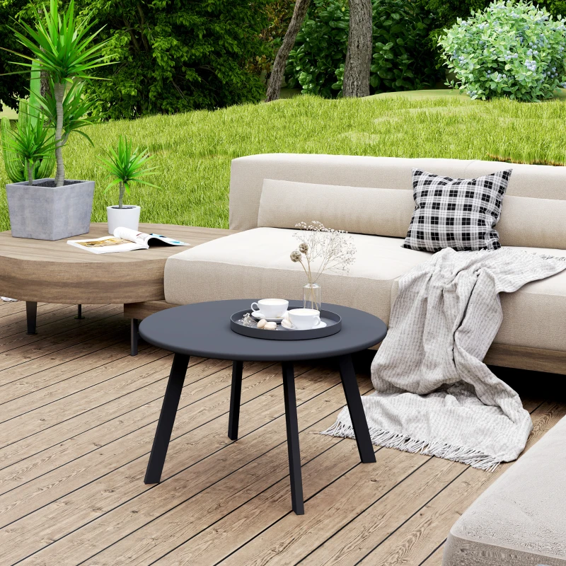 Outsunny 70cm Round Coffee Table, Outdoor Garden Table with Non-Slip Foot Pads and Metal Frame for Garden, Terrace, Balcony, Living Room, Charcoal Grey