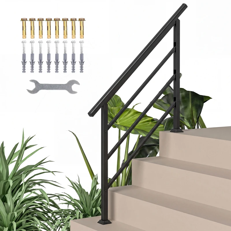 Outsunny Rampe d'Escalier Extérieure pour 1 à 4 Marches, Main Courante Escalier en Métal avec Kit d'Installation, Noir