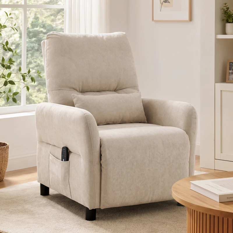 HOMCOM Sillón Relax Reclinable con Masaje Calor Reposapiés Extensible y 2 Bolsillos Laterales Beige