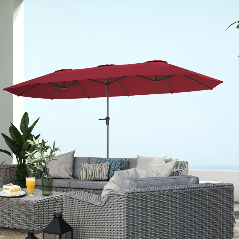 Outsunny Parasol de jardin extérieur, parasol double rectangulaire 4 x 2,2 x 2,3m avec ouverture fermeture manivelle rouge vineux