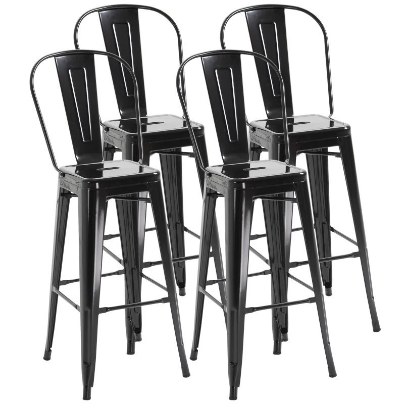 HOMCOM Juego de 4 Taburetes Altos de Cocina de Metal con Respaldo Alto y Reposapiés para Comedor 44x46x116 cm Negro