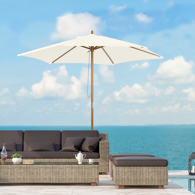 Outsunny Sonnenschirm Ø 250 cm, Sonnenschirm mit Seilzugmechanismus Balkonschirm Strandschirm aus Bambus windfest Marktschirm Sonnenschutz für Balkon Terrasse Garten, Weiß