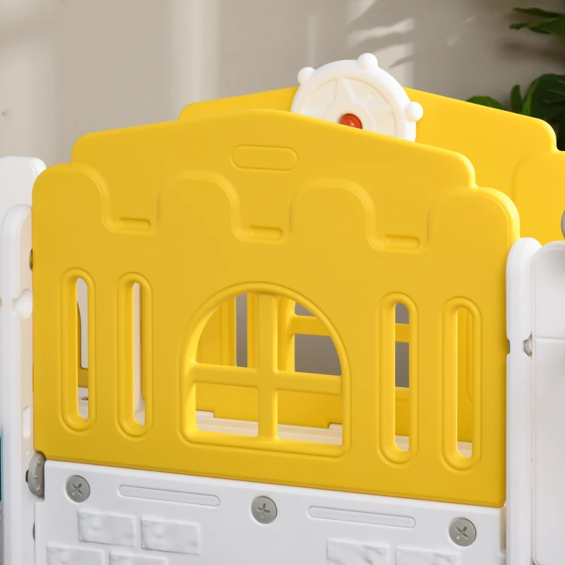 AIYAPLAY Escorrega infantil, estrutura de jogo 7-in-1, com basquete & volante, para 1-3 anos, 178x177x99cm, Amarelo/Branco/Verde