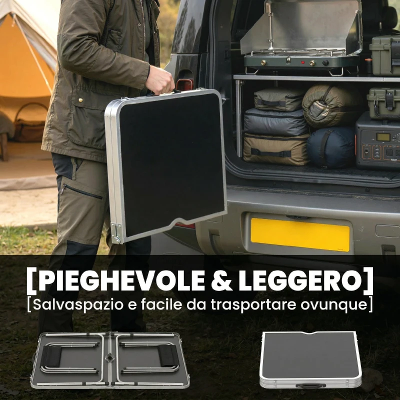 Outsunny Set Tavolo da Campeggio Pieghevole e Regolabile con 4 Sgabelli e Foro per Ombrellone, in Alluminio e Legno, Nero