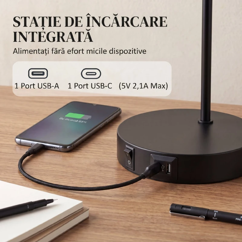 HOMCOM Set de 2 Lămpi de Masă Moderne din Oțel cu Porturi USB, E27, Becurile Nu Sunt Incluse, Negru