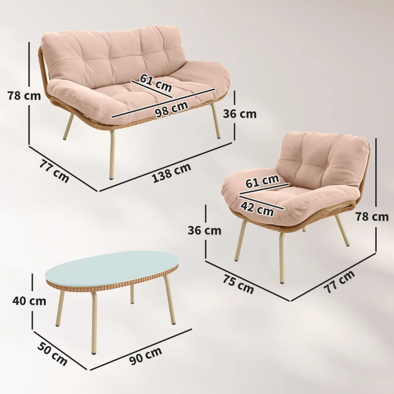 Outsunny Salon de Jardin 4 Pièces en Résine Tressée Coussin 12 cm Ultra Épais Canapé 138 cm 2 Fauteuils et Table Basse Beige