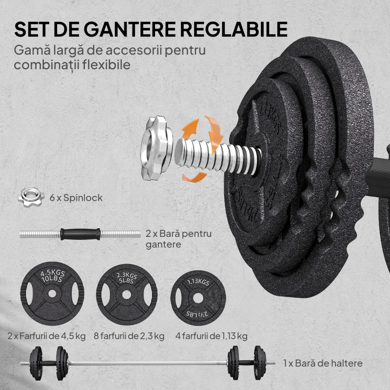 SPORTNOW Greutăți pentru Sală 2 în 1 de 42 kg cu 14 Discuri, Haltere și Gantere, din Oțel, 180x24x24 cm, Negru