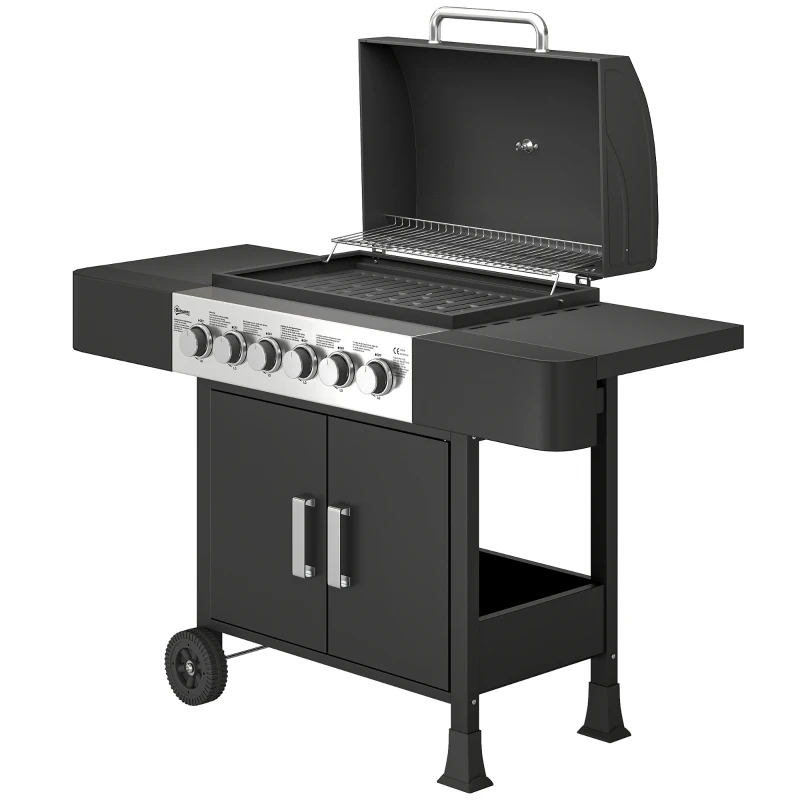 Outsunny Barbacoa de Gas con 6 Quemadores Termómetro Parrilla Mesas Laterales Armario y Ruedas 135x51x101 cm Negro