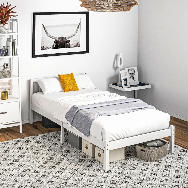 HOMCOM Estrutura de Cama de Solteiro, Cabeceira & Estrado, 26cm de espaço sob a cama, Pinho, 208x96x70 cm, Branco