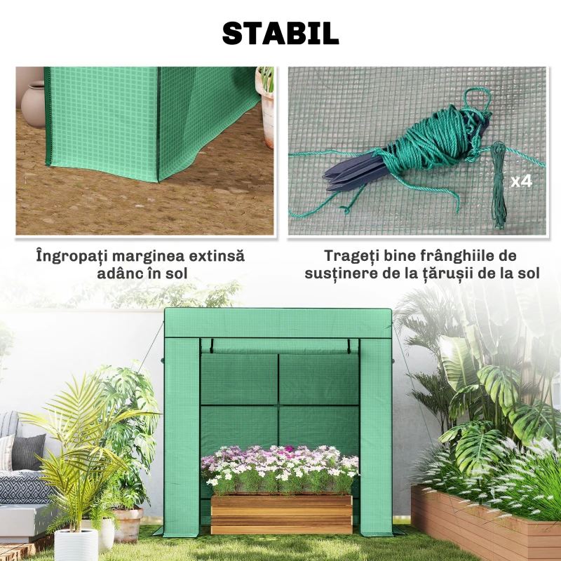 Outsunny Seră de Grădină cu Acoperiș Înclinat, 2 Ferestre și Ușă Rulabilă, Seră pentru Legume cu Structură din Oțel, Acoperire din PE Anti-UV, pentru Legume, Flori, Plante, 196x77x197 cm, Verde