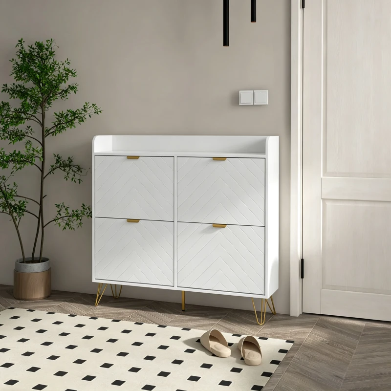 HOMCOM Meuble à chaussures 4 abattants, avec étagère réglable, rangement chaussure 106 x 24 x 102 cm, blanc(m-2)