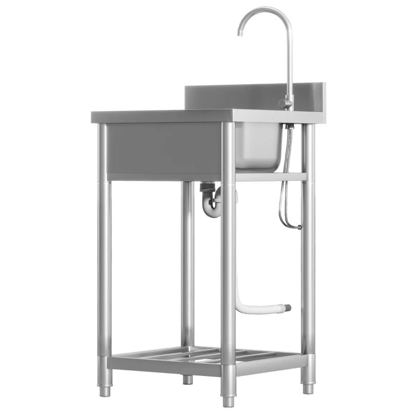 HOMCOM Outdoor Utility Sink, Stainless Steel Free Standing Single Bowl Kitchen Sink with Cold and Hot Water Pipe and Storage Shelf for Laundry Garage, 55 x 50 x 100 cm