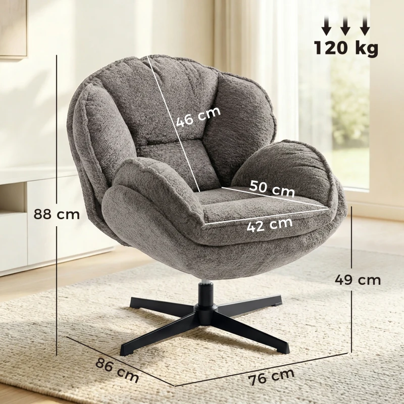 HOMCOM Moderner Wingback-Sessel, Samt-Armlehnsessel mit Vier-Sterne-Basis, S-Federn, 360° Drehfunktion, Grau