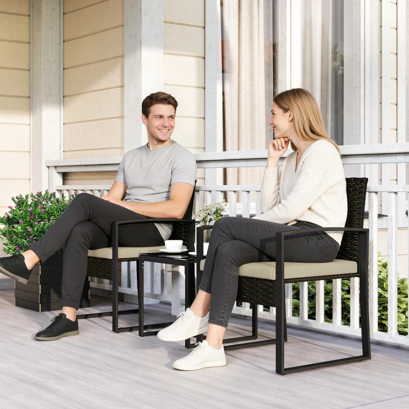 Outsunny Salon de jardin extérieur en résine tressée 2 personnes, table de jardin avec 2 chaises, plateau en verre trempé, marron