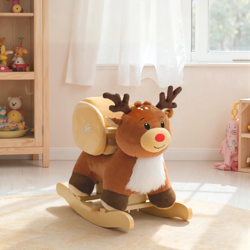 AIYAPLAY Cavalo de balanço para crianças, rena brinquedo de balanço para bebê com canções de ninar, cinto de segurança, 65 x 32 x 55 cm, marrom