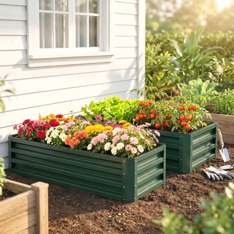 Outsunny Juego de 2 Jardineras Exterior Grandes de Acero Galvanizado Huertos Urbanos para Terraza Jardín 110x50x30 cm Verde