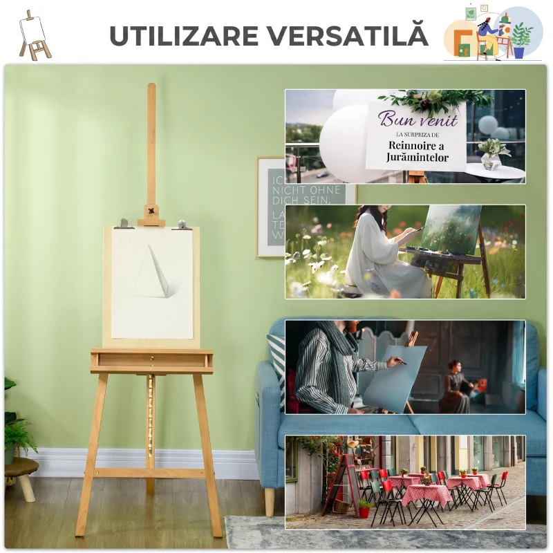 Vinsetto Șevalet pentru Pictură Pliabil din Lemn de Fag cu Înălțime și Unghi Reglabil, 65x110x180-235 cm