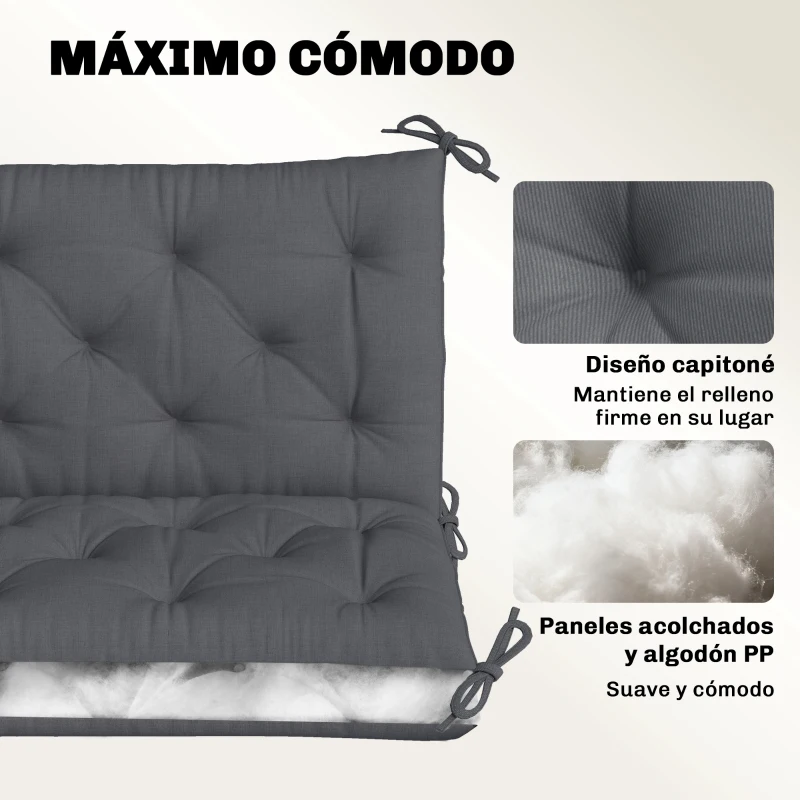 Outsunny Cojín para Banco de Jardín con Respaldo, 100x98x8 cm, Colchón de Banco de 2 Plazas para Interior y Exterior con Relleno Grueso y Cintas de Sujeción, para Columpio, Terraza, Balcón Gris Oscuro