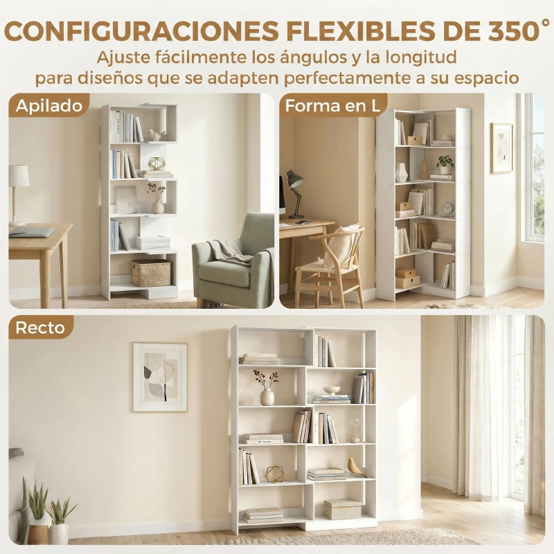 HOMCOM Estantería Expandible 5 Niveles Giratoria 350° Ancho Ajustable Convertible en en L Recta o Compacta 111,5x23,8x163,7 cm
