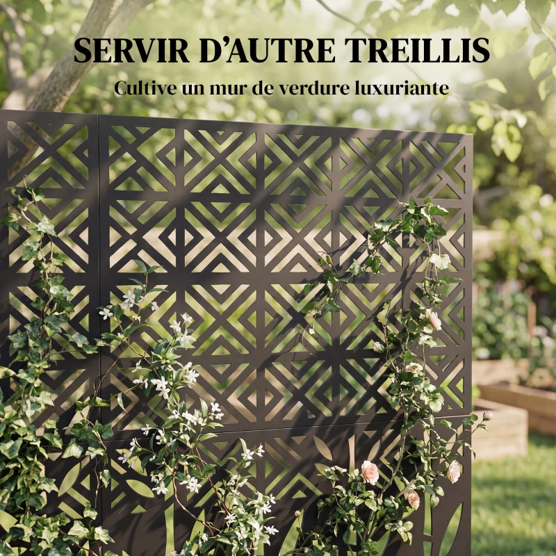 Outsunny Panneau Brise Vue décoratif Extérieur Claustra Décoratif Jardin 3 Panneaux à motif géométrique métal 92x40x192cm Noir