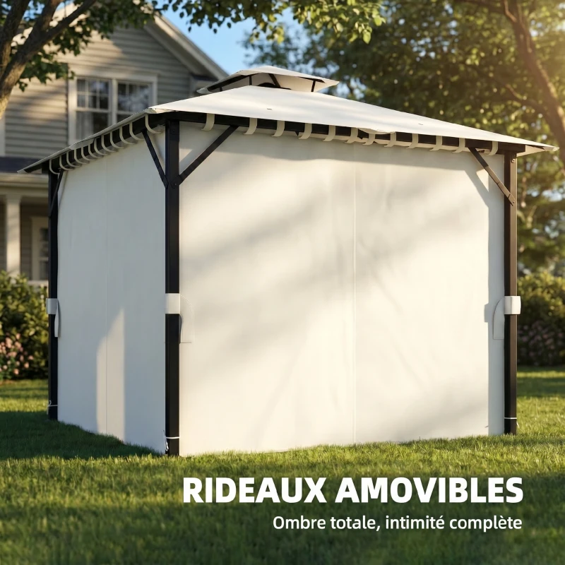 Outsunny Tonnelle de jardin extérieur 3x3m pavillon de jardin, toit double, rideaux, crochets de plafond, cadre en métal, crème