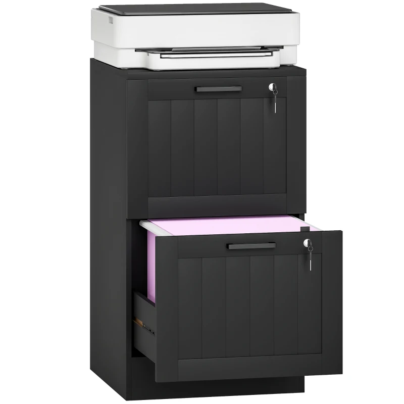 HOMCOM Caisson bureau, meuble rangement bois 2 tiroirs et serrure, barres de suspension réglables, 40 x 40 x 71 cm, noir