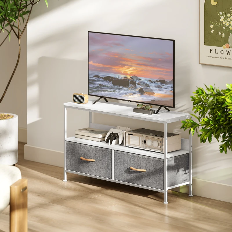 HOMCOM Mueble de TV con Estante y 2 Cajones de Tela Plegables para Televisores hasta 47 Pulgadas Largo de 98 cm Blanco y Gris