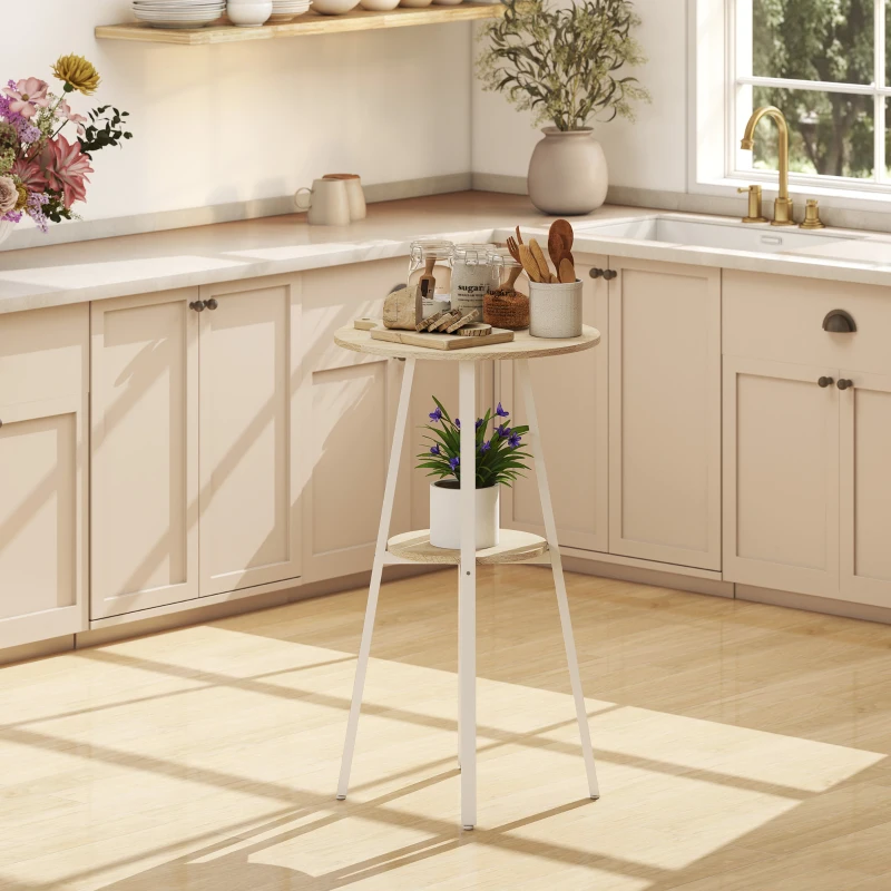 HOMCOM Tavolo Alto Rotondo con Mensola, Tavolo Moderno per Cucina o Sala da Pranzo, per 2 Persone, Naturale e Bianco