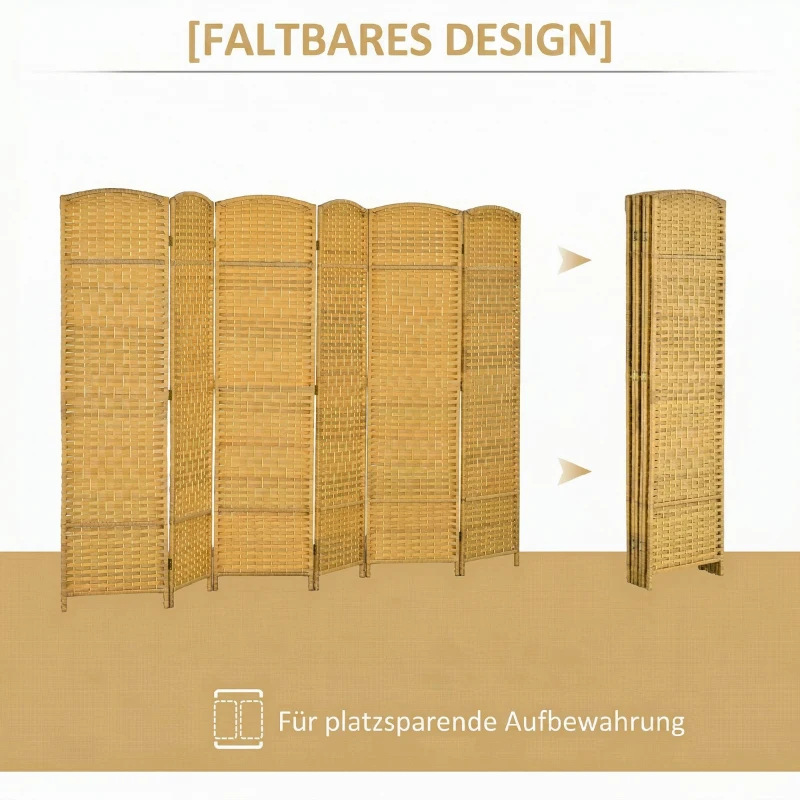 HOMCOM Raumteiler, 6-teilig faltbare Trennwand, Geflechtmuster, Kiefernholz, Naturholz