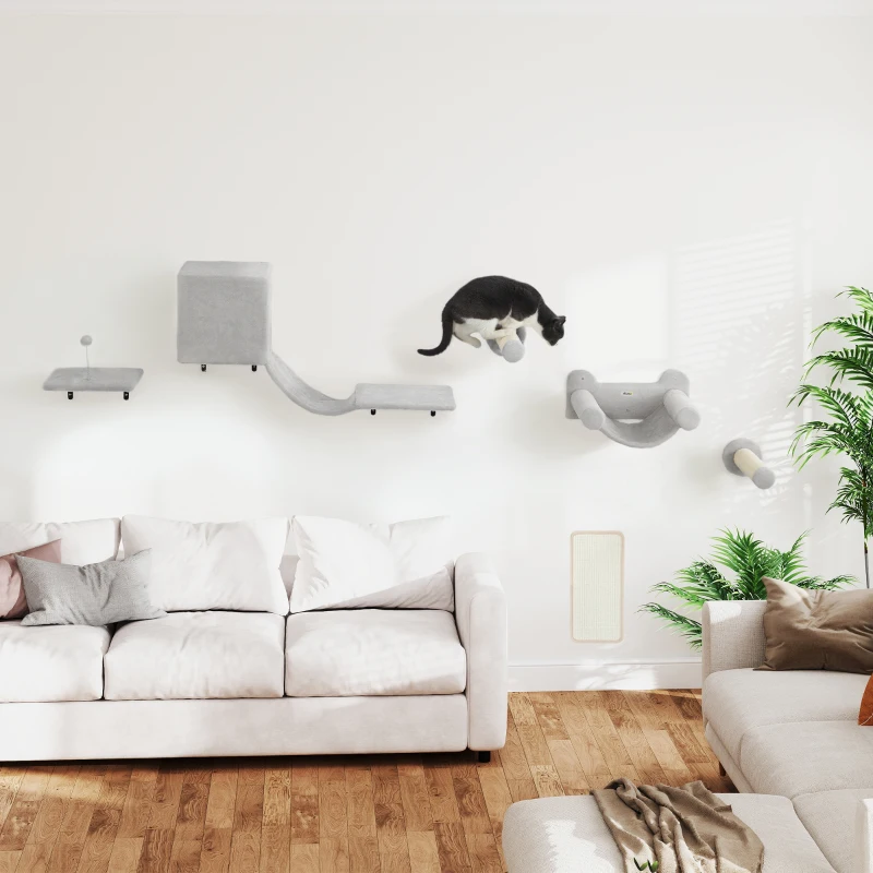 PawHut Juego de Escalada para Gatos de Pared de 6 Piezas con Condominio Plataforma Hamaca Escaleras y Tabla de Rascar Gris