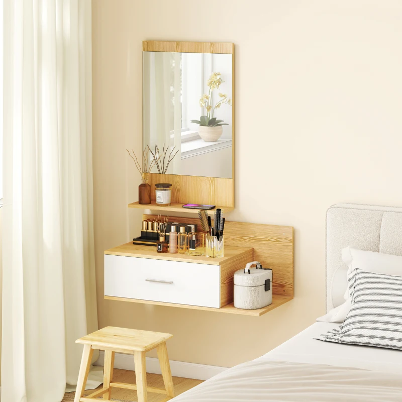 HOMCOM Conjunto de Recibidor de Entrada de Pared con Espejo y Almacenaje Espejo con Cajón y 2 Estantes Abiertos Madera Natural