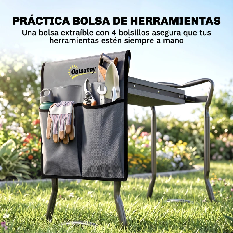 Outsunny Taburete de Jardín Plegable con Almohadilla de Espuma EVA Asiento de Jardín 2 en 1 con Bolsa para Herramientas