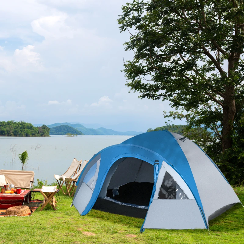Outsunny Tenda da Campeggio 3 Posti con Tasche e Gancio, in Poliestere e Fibra di Vetro, 3x2.50x1.30 m, Blu
