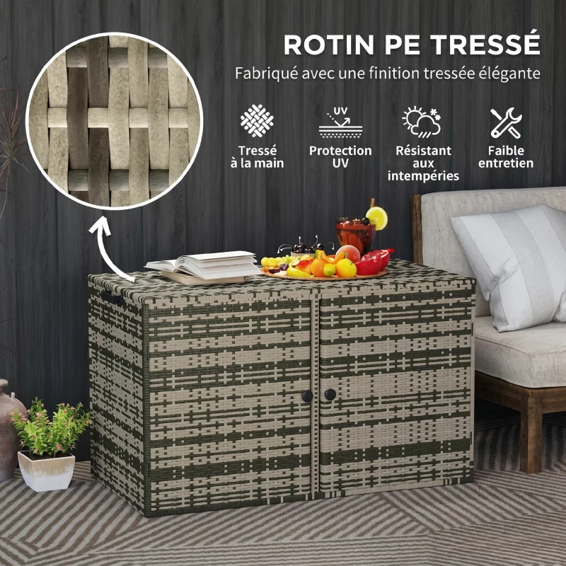Outsunny Coffre de jardin en résine tressée coffre de rangement extérieur 350 L à 2 niveaux vérin à gaz 118x57x69cm gris mélangé