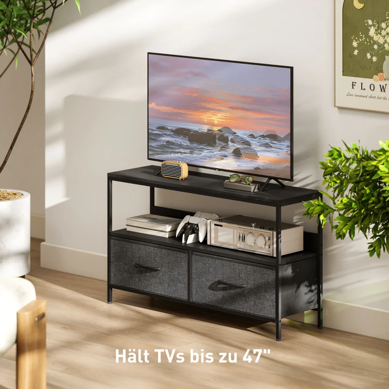 HOMCOM TV Schrank Lowboard mit 2 Schubladen, offenem Fach, für Fernseher bis 47 Zoll, 98 x 29 x 56 cm, Schwarz+Dunkelgrau